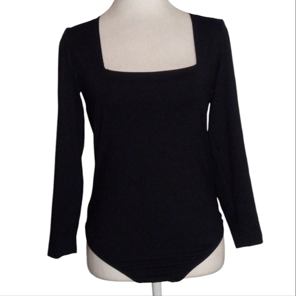 Free People Black Square Neck Long Sleeve Thong Bodysuit Y2K Size Medium - Picture 1 of 7